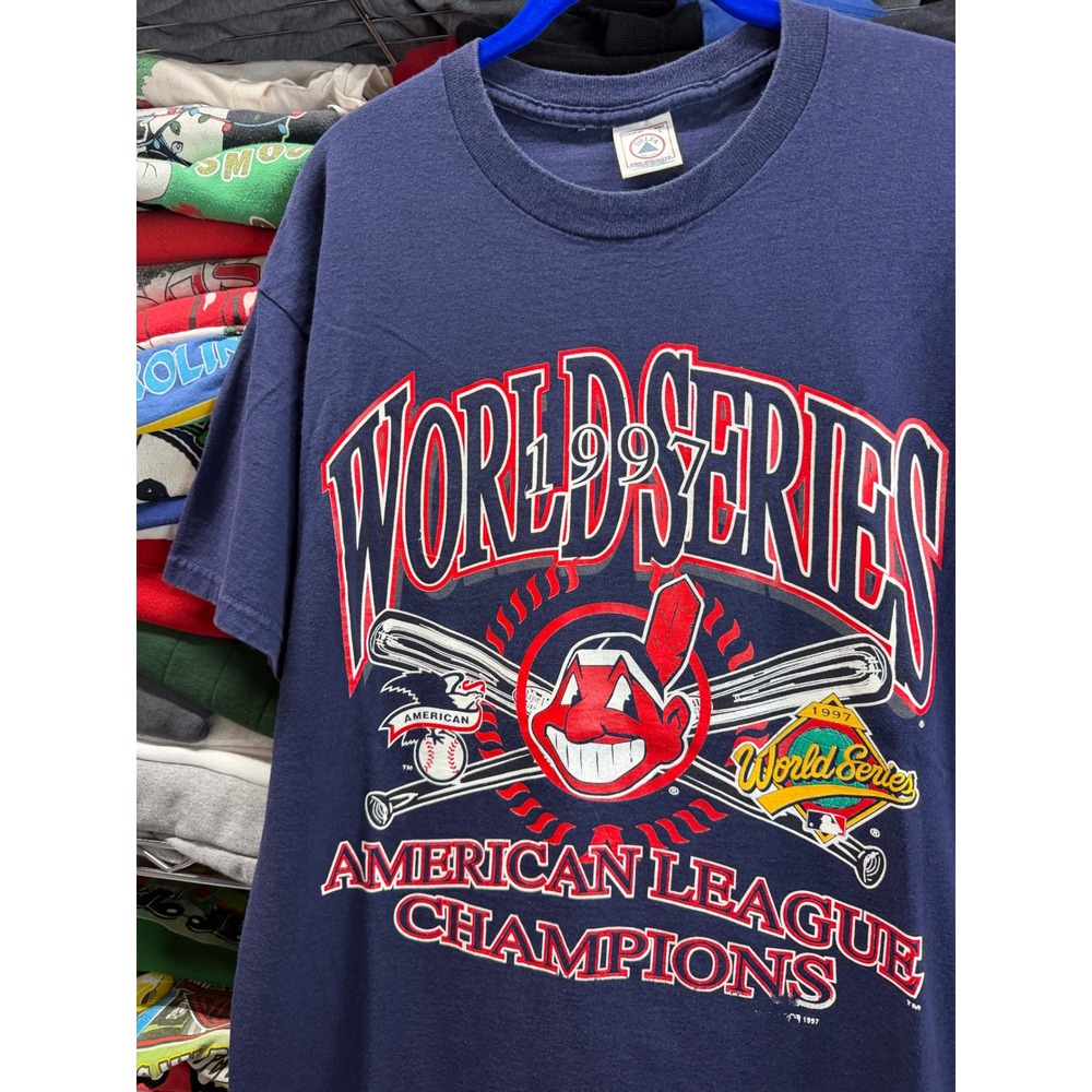 Vintage 1997 Cleveland Indians World Series AL Champions Shirt Delta Navy L